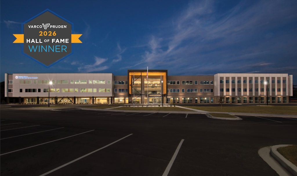 VP Hall of Fame Award 2026 - Pyramid Contracting Modern office building at dusk with a 2026 Hall of Fame Winner badge in the top-left corner