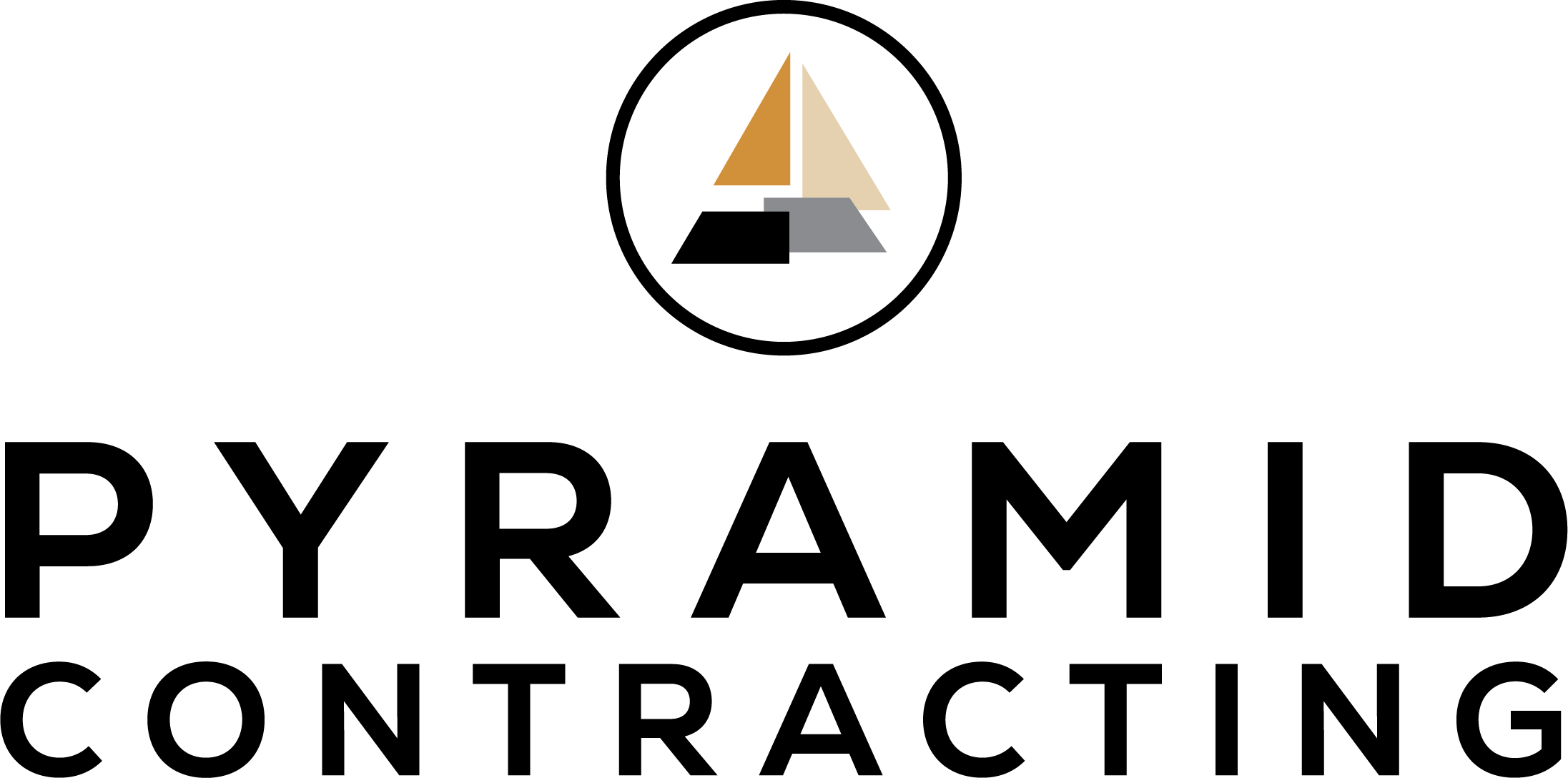 Abstract sailboat logo with orange and beige sails and gray hull on black background.